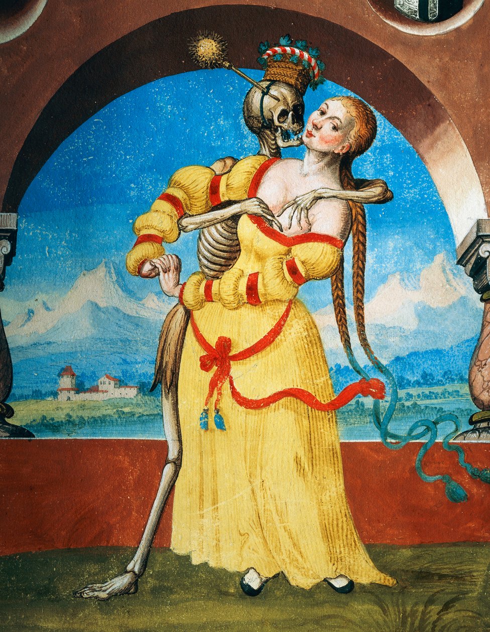 Death with young woman, detail of Death, widow and young woman from the Dance of Death cycle by Albrecht Kauw بواسطة نيكلاوس مانويل