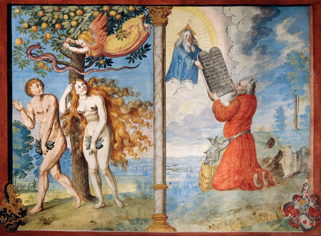 Expulsion of Adam and Eve from Eden and Moses receiving the Tablets, from the Dance of Death cycle by Albrecht Kauw بواسطة نيكلاوس مانويل