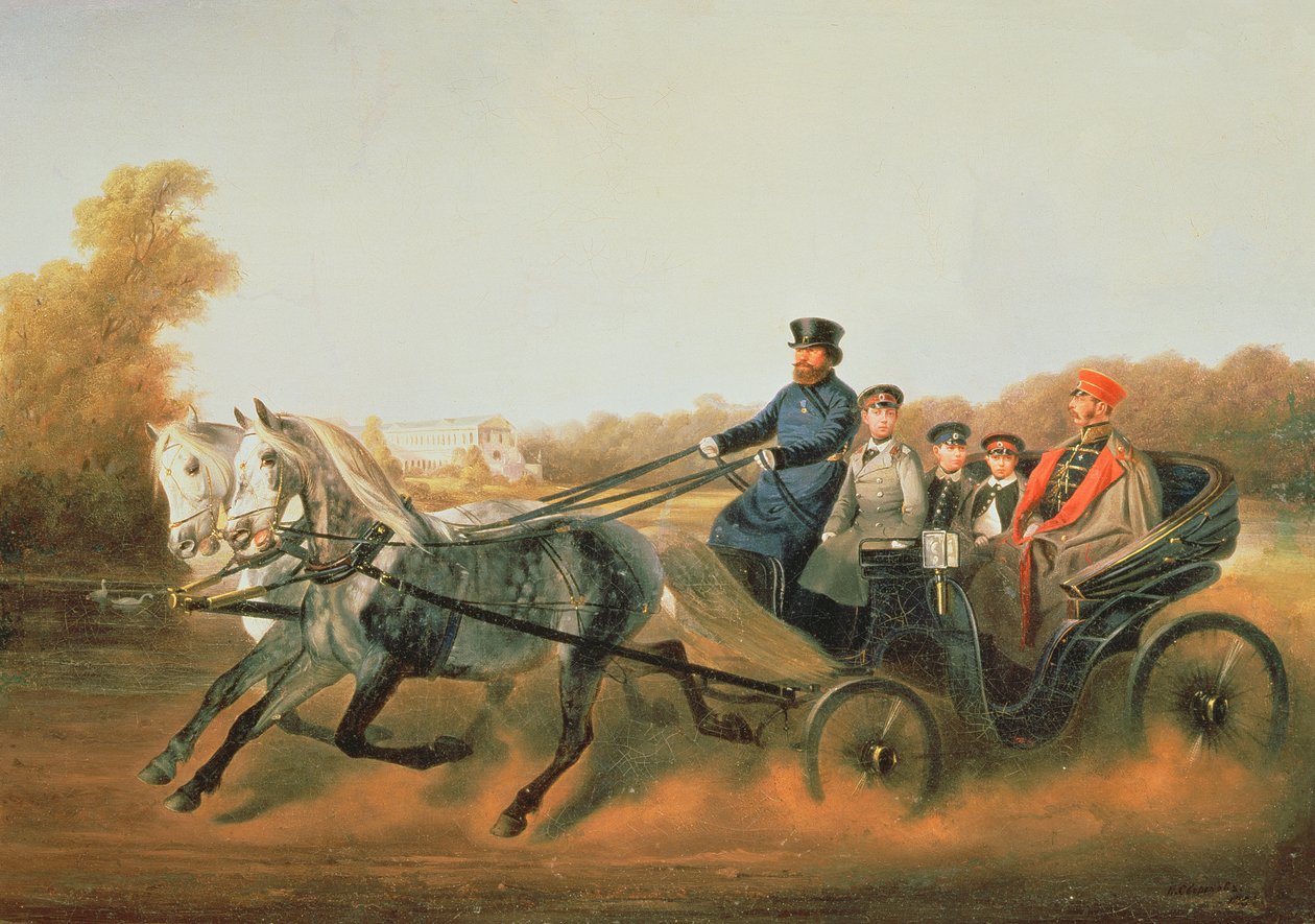 القيصر ألكسندر الثاني (1818-1881) يقود مع أبنائه في Zarskoje Selo ، 1850s بواسطة نيكولاي إيجوريفيتش سفيرشكوف