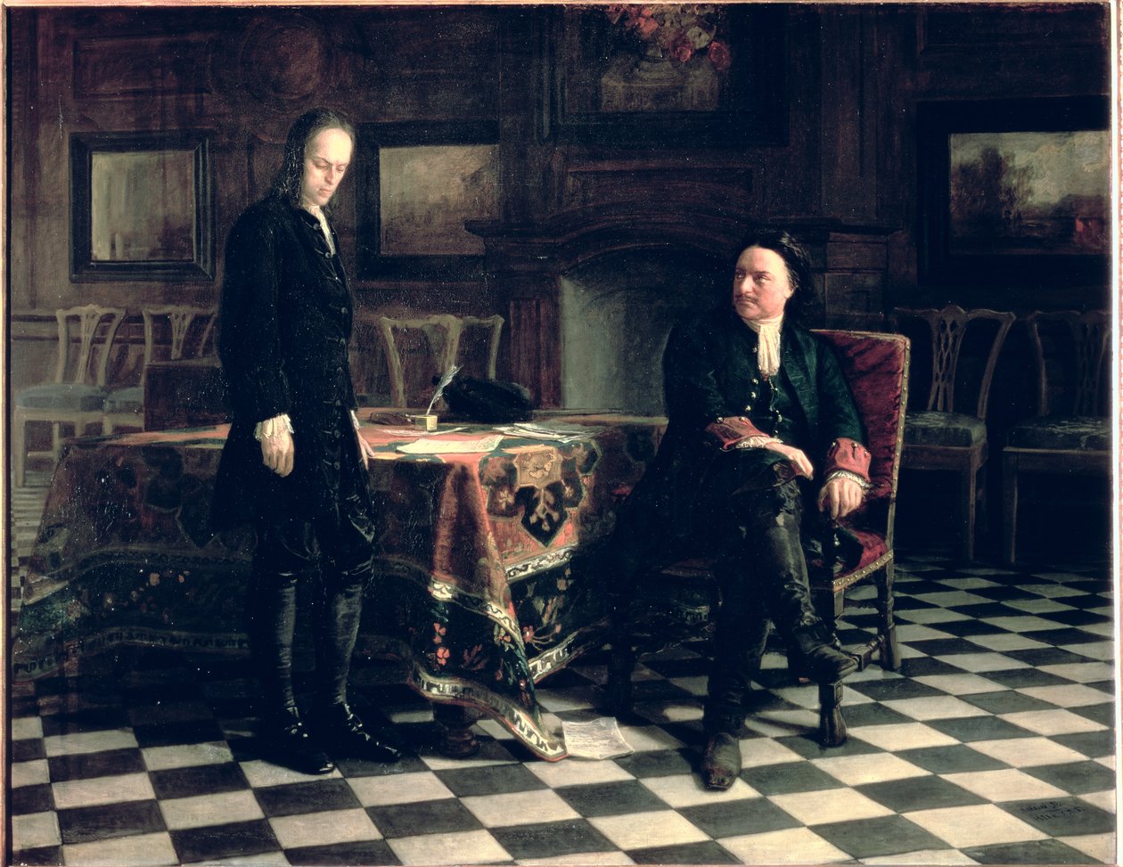 بطرس الأكبر يستجوب Tsarevich Alexei Petrovich في Peterhof ، 1871 بواسطة Nikolai Nikolaevich Ge