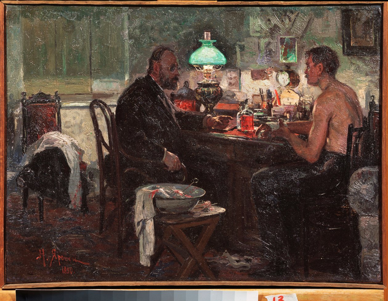 Chez le medecin (عند الطبيب) - لوحة لنيكولاي ألكساندروفيتش ياروشينكو (ياروشينكو) (1846-1898) ، زيت على قماش ، فن روسي بواسطة نيكولاي ألكسندروفيتش ياروشينكو