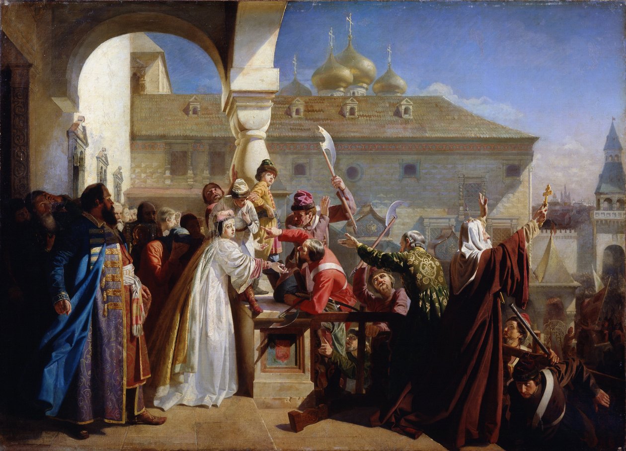 انتفاضة موسكو عام 1682 أو انتفاضة الركائز عام 1682: تسارينا ناتاليا ناريشكينا (ناتالي ناريشكين) (1651-1694) تظهر إيفان الخامس (1666-1696) إلى الركيزة - رسم نيكولاي ديميترييفيتش ديمترييف أورينبورغ بواسطة نيكولاي دميتريفيتش دميترييف أورينبورغسكي