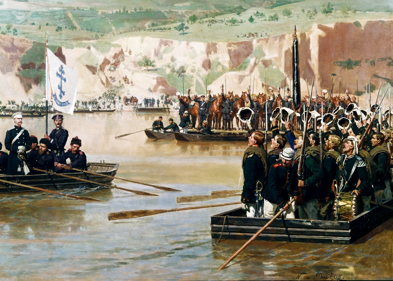 الروس يعبرون نهر الدانوب في سفيشتوف في جوني 1877 بواسطة نيكولاي دميتريفيتش دميترييف أورينبورغسكي