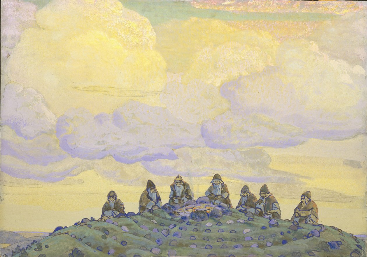 التضحية الكبرى. تصميم المسرح للباليه The Rite of Spring Le Sacre du Printemps بقلم إ. سترافينسكي ، 1910 بواسطة نيكولاي كونستانتينوفيتش ريريش