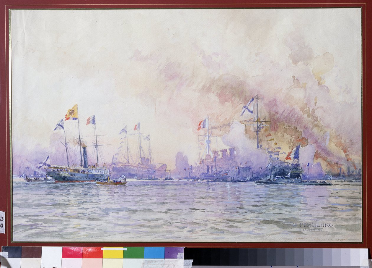 وصول السرب الفرنسي إلى كروندشتات عام 1893. المشهد البحري ، مع وصف واقعي للقوات البحرية الفرنسية (السفن الحربية والفرقاطات والطرادات) ، في أعقاب التحالف الفرنسي الروسي بواسطة نيكولاي نيكولايفيتش جريتسينكو