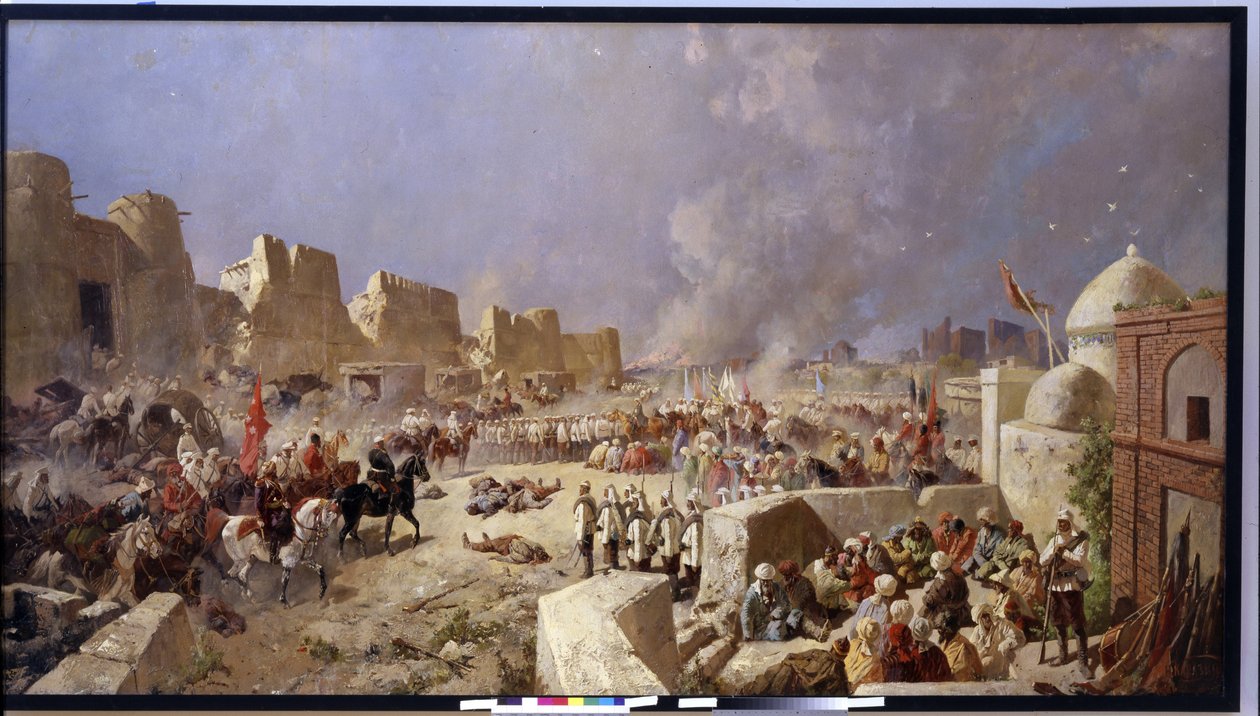 الجيش الروسي يغزو سمرقند (أوزبكستان) (اجتاح الجيش الروسي سمرقند). فترة التوسع الروسي في آسيا الوسطى ، أخذ الروس سمرقند في عام 1868. رسم نيكولاي نيكولايفيتش كاراسين (1842-1908) ، زيت على قماش 1888. الفن بواسطة نيكولاي نيكولايفيتش كاراسين