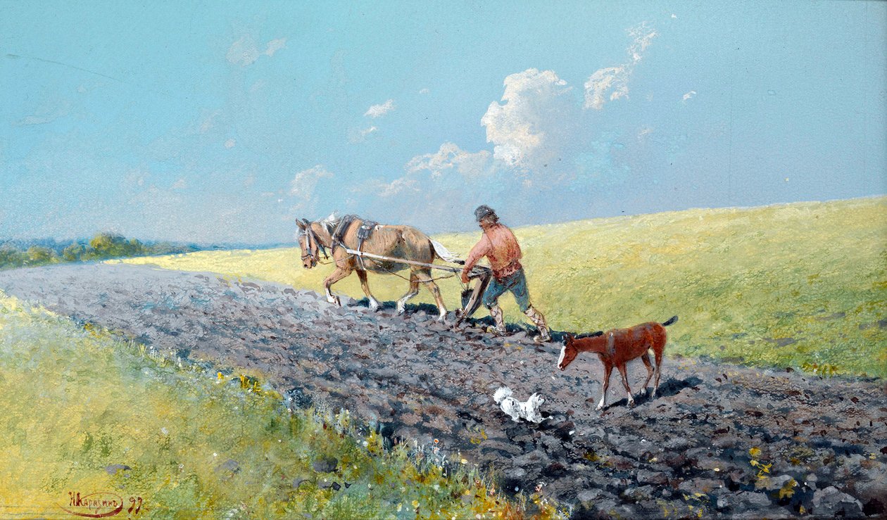 "حرث" فلاح يحرث حقوله ، روسيا رسم نيكولاي نيكولايفيتش كاراسين (1842-1908) 1899 خافت 16.5 × 27.5 سم مجموعة خاصة بواسطة نيكولاي نيكولايفيتش كاراسين