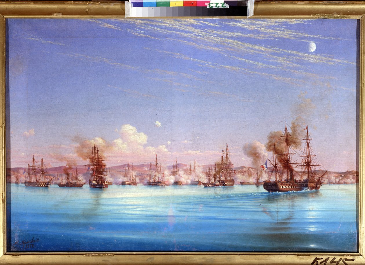 قصف السرب الفرنسي البريطاني لسيباستوبول عام 1854. (قصف سيفاستوبول من السرب البريطاني الفرنسي عام 1854). حلقة حصار المدينة من 1854 إلى 1855 ، أثناء حرب القرم بين تحالف الإمبراطوريات العثمانية ، و بواسطة نيكولاي بافلوفيتش كراسوفسكي