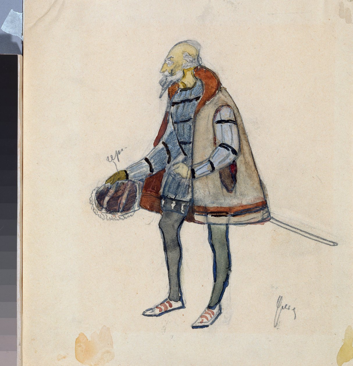 الزي التحضيري ، الفارس البخيل ، للمسرحية المسرحية "The Avare Knight" من تأليف ألكسندر بوشكين (1799-1837) (تصميم أزياء للمسرحية المسرحية The Miserly Knight بواسطة A Pushkin) - عمل لنيكولاي بافلوفيتش أوليانوف (أوليانوف) (1875-1949) ، cra بواسطة نيكولاي بافلوفيتش أوليانوف