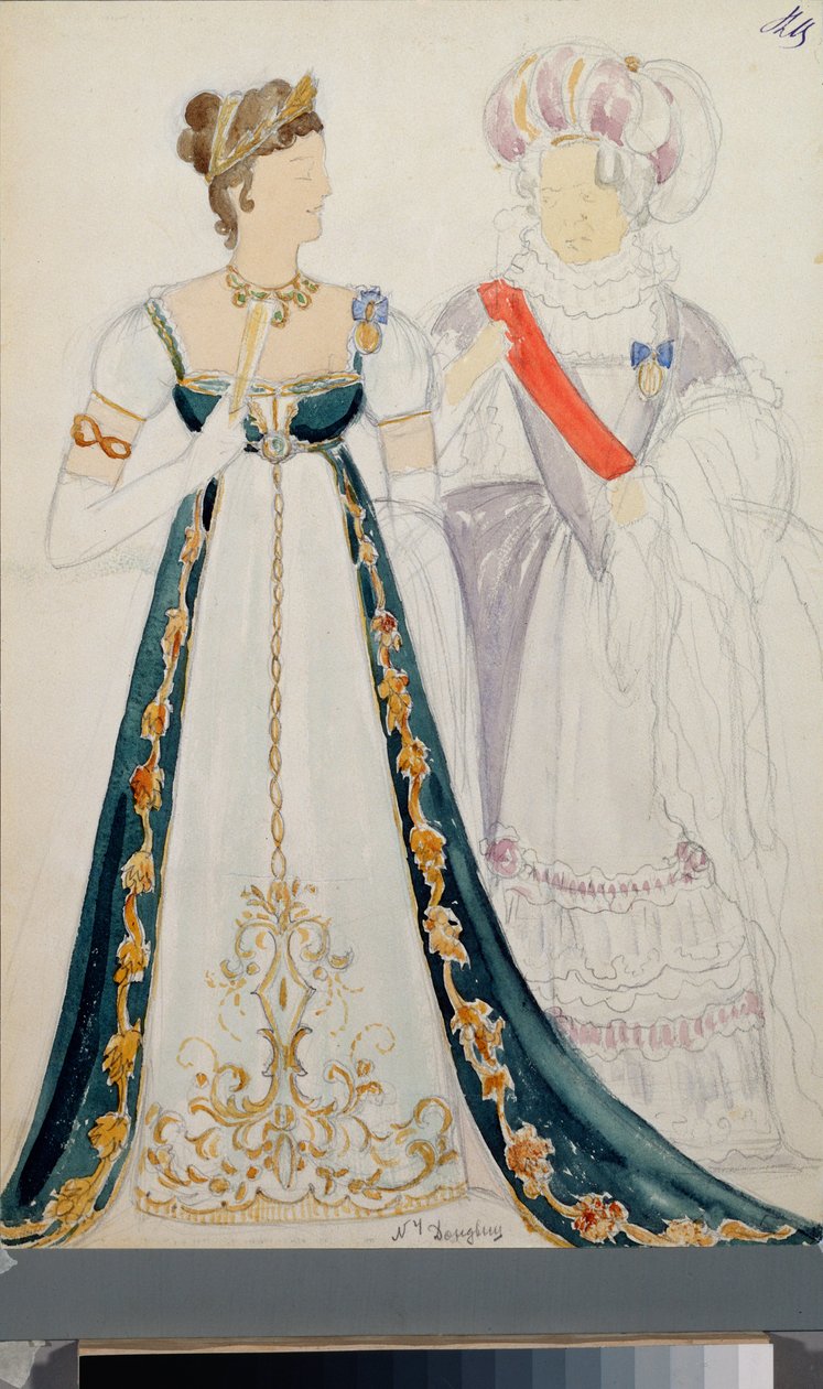 أزياء تحضيرية ، سيدتان ، لأوبرا "يوجين أونيغويني" لبيوتر تشايكوفسكي (1840-1893) ، قلم رصاص وألوان مائية على ورق بواسطة نيكولاي بافلوفيتش أوليانوف