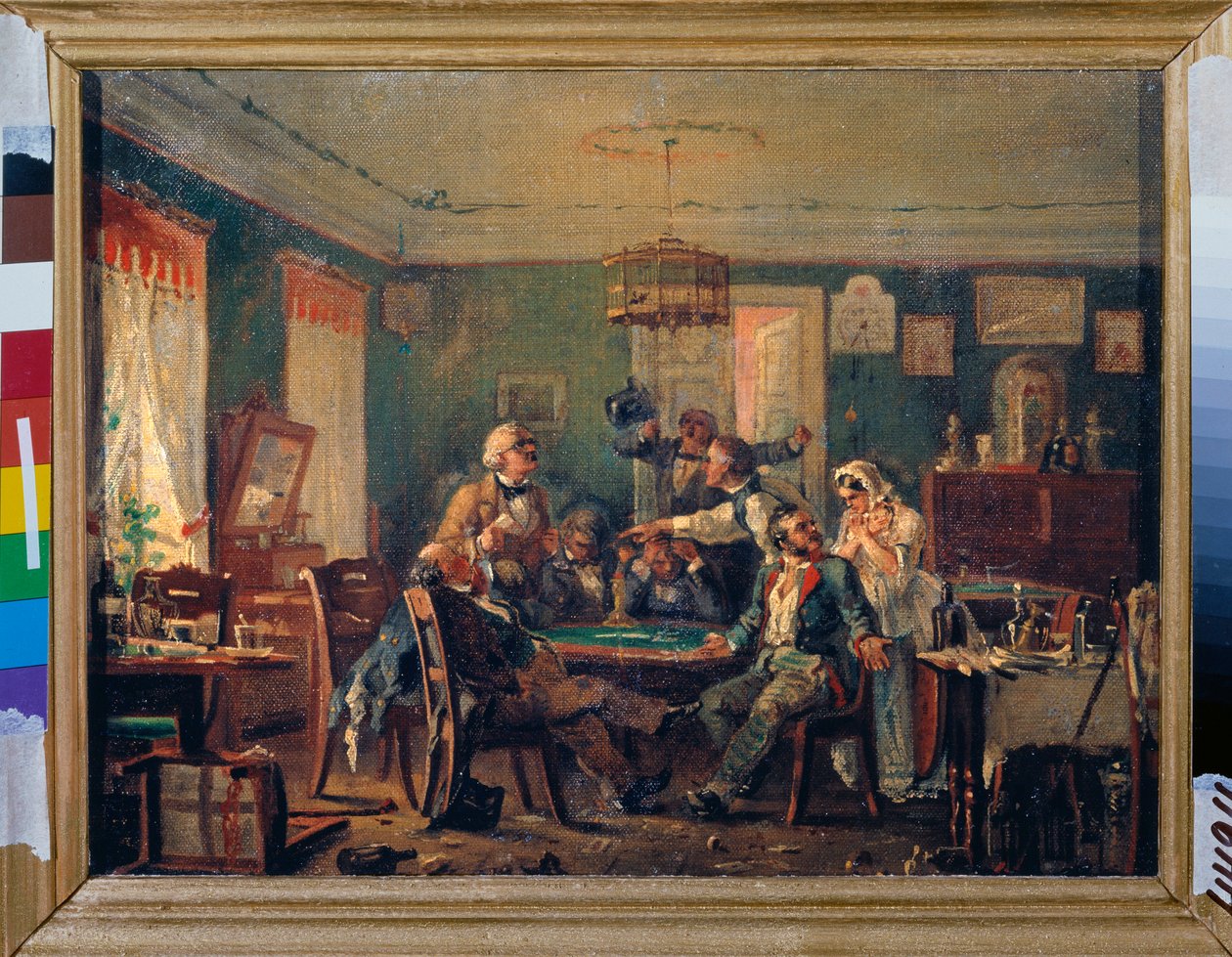لعبة الورق - لعبة الورق - رسم لنيكولاي بتروفيتش بتروف (1834-1876) ، زيت على قماش ، حوالي 1850 - الفن الروسي في القرن التاسع عشر - متحف الدولة الروسي ، سانت بطرسبرغ بواسطة نيكولاي بتروفيتش بتروف