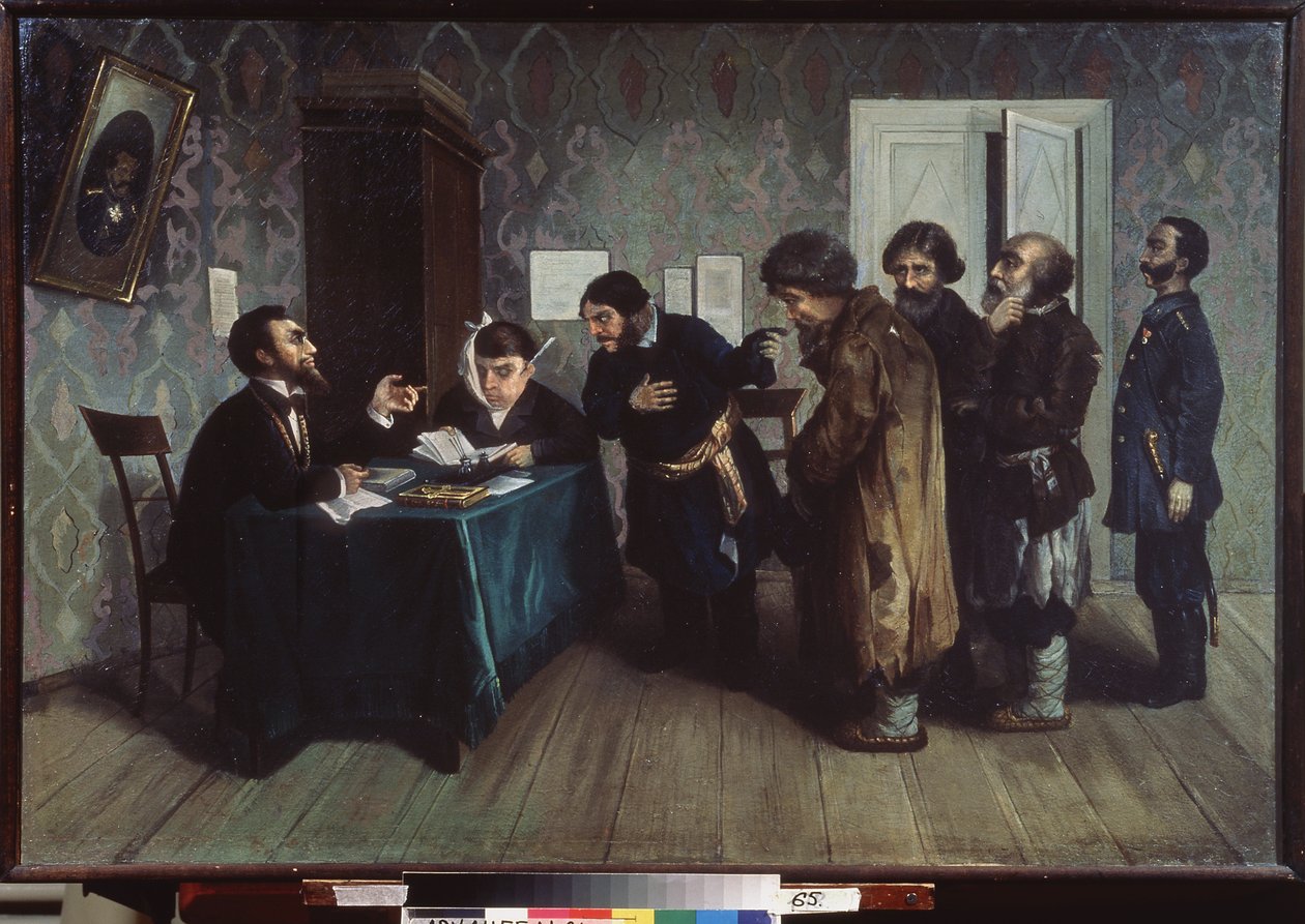 محكمة التحكيم في المحافظات. المشهد اليومي للعدالة. لوحة لنيكولاي بتروفيتش زاجورسكي (1849-1893)، زيت على القماش بواسطة نيكولاي بتروفيتش زاغورسكي