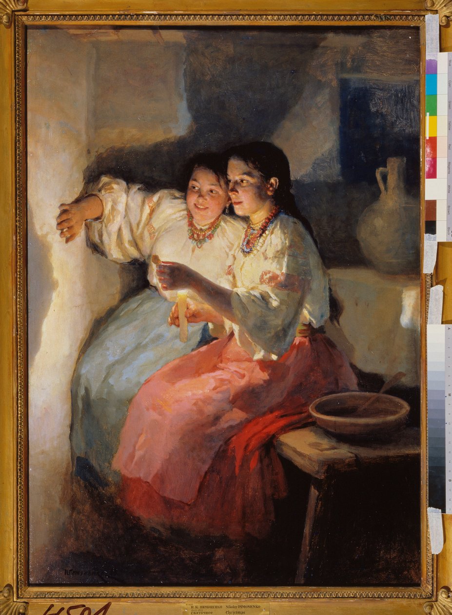 عرافة عشية عيد الميلاد (فتاتان صغيرتان تلقيان بظلالهما على ضوء الشموع على الحائط) - حكاية ليلة عيد الميلاد - لوحة لنيكولاي كورنيلوفيتش بيمونينكو (1862-1912) ، زيت على قماش بواسطة نيكولاي بيمونونكو