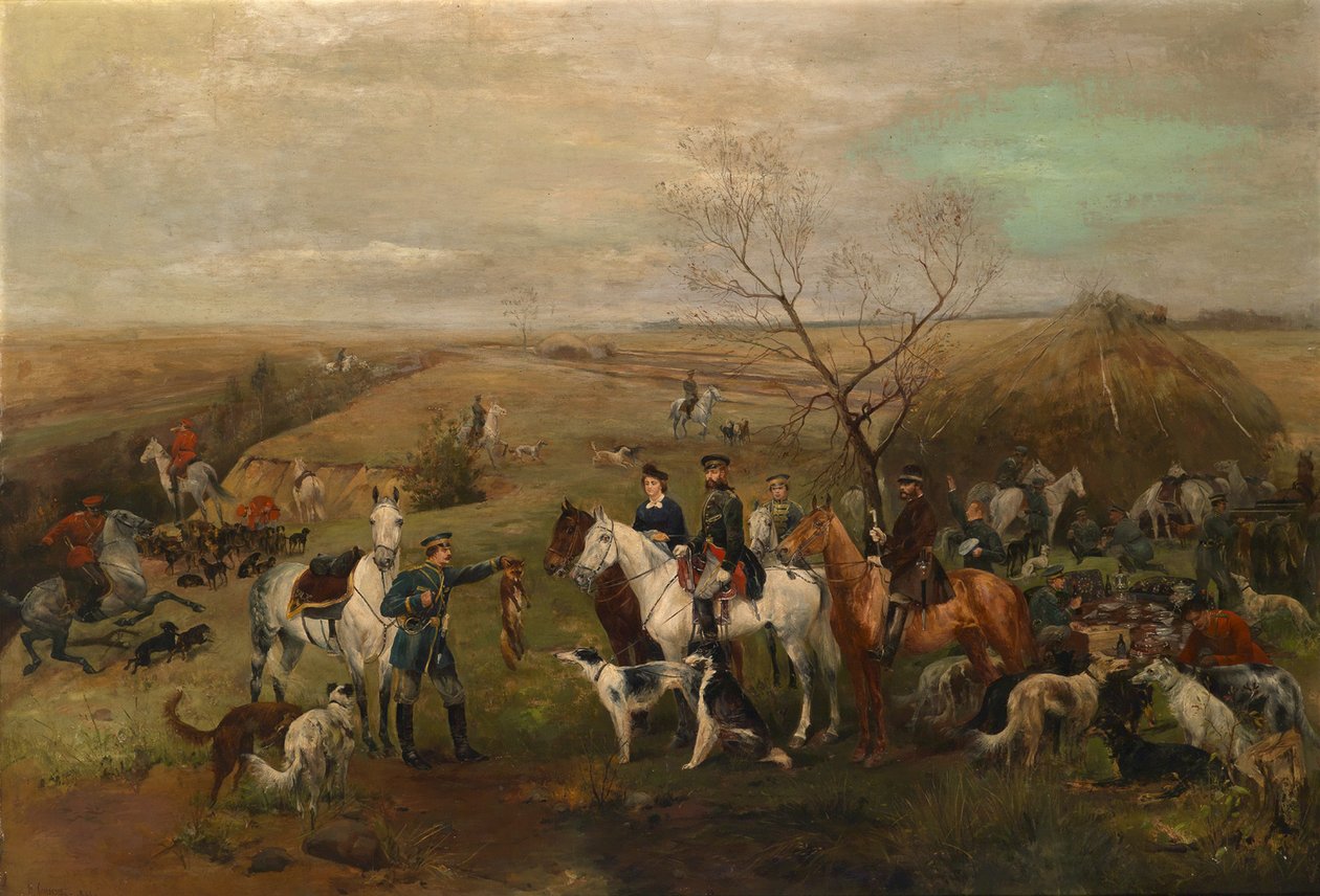 حفلة صيد مع الإمبراطور ألكسندر الثالث والإمبراطورة ماريا فيودوروفنا ، 1880 بواسطة نيكولاي سيميونوفيتش ساموكيش