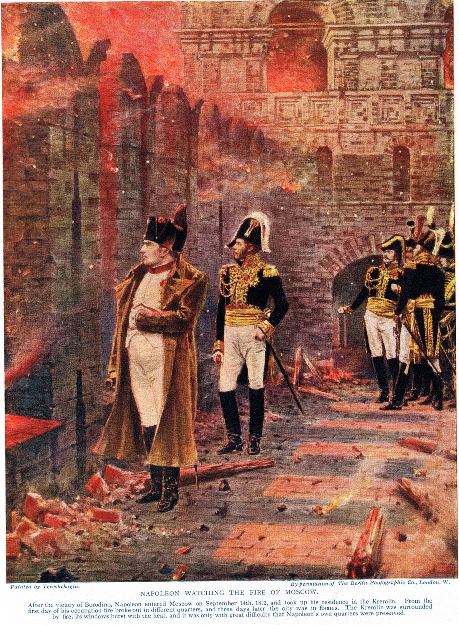 نابليون يراقب حريق موسكو ، توضيح من "تاريخ الأمم في هاتشينسون" ، ج .1910 بواسطة Nikolai Stepanovich Vereshchagin