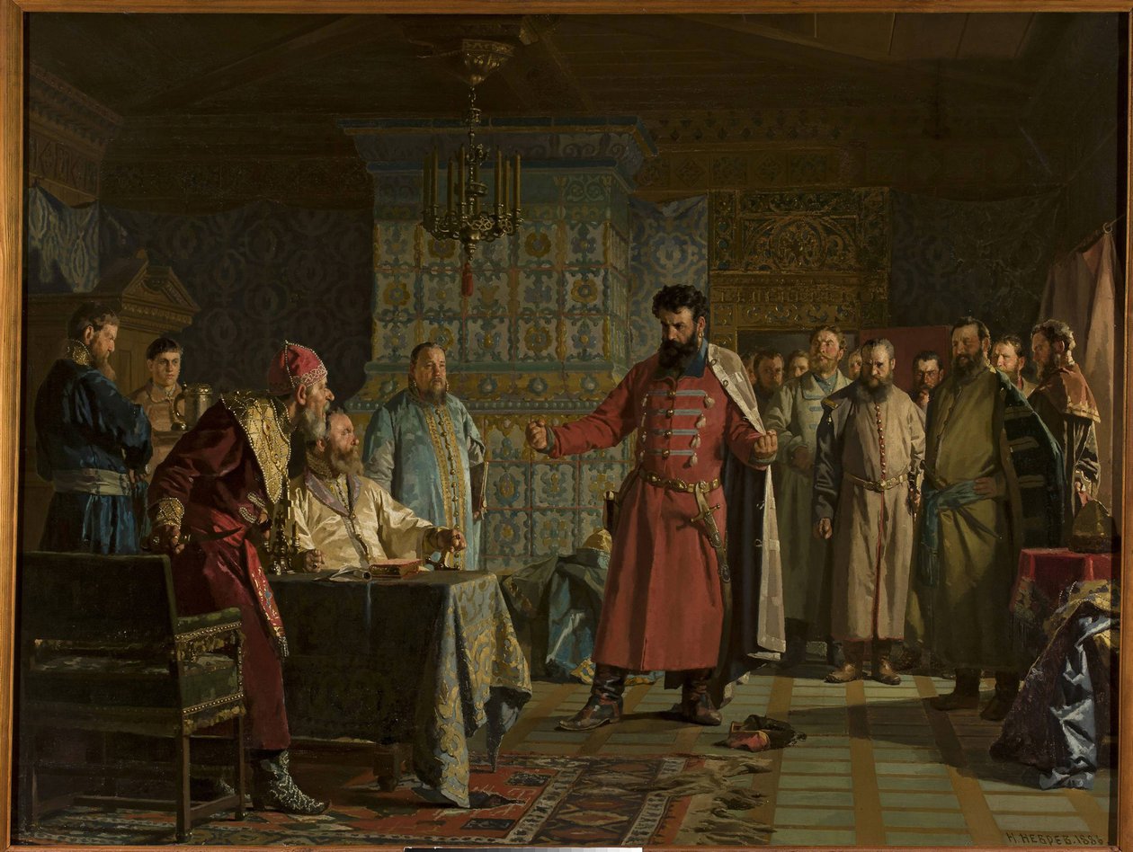 La querelle de Zakhary Petrovich Lyapunov (mort apres 1612) avec le tsar Vassili IV Chouiski (1552-1612) au Kremlin - نزاع زاخاري ليابونوف مع القيصر فاسيلي شيسكي في الكرملين ، بقلم نيفريف ، نيكولاي فاسيليفيتش (1830-1904). زيت على قماش بواسطة نيكولاي فاسيليفيتش نيفريف