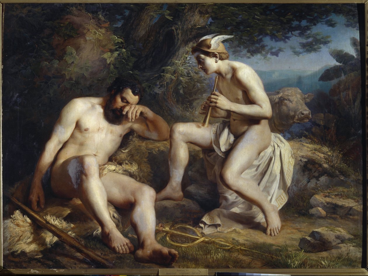 Mercury and Argus - Mercury Lulling Argus to Sleep - Koshelev، Nikolai Andreyevich (1840-1918) - 1864 - زيت على قماش - 138x179 - متحف أكاديمية الفنون الجميلة ، سانت بطرسبرغ. سان بطرسبرج بواسطة نيكولاي أندرييفيتش كوشيليف