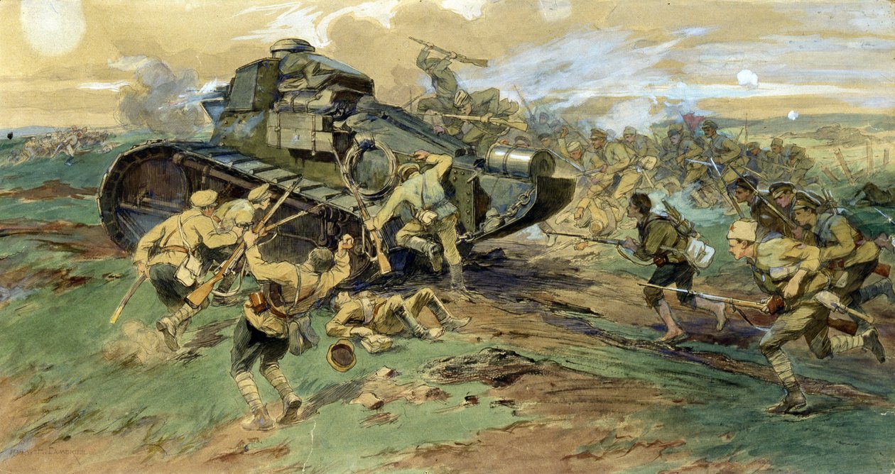 الاستيلاء على دبابة في شبه جزيرة القرم. مشهد المعركة خلال الحرب الأهلية الروسية (1917-1923) ، بين الجيش الأبيض والحرس الأحمر. عمل لنيكولاي سيميونوفيتش ساموكيش (1860-1944) ، لوحة مائية على ورق بواسطة نيكولاي سيمينوفيتش ساموكيش