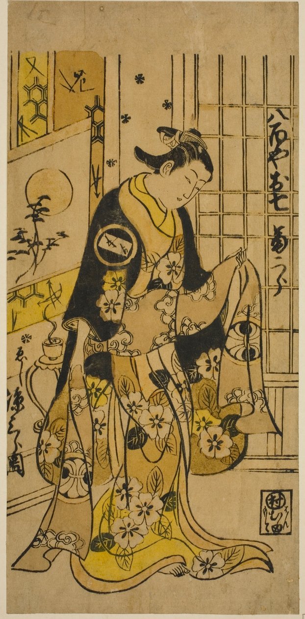 الممثل Segawa Kikujiro I بدور Oshichi في مسرحية "Shochikubai Kongen Soga" التي قدمت في مسرح Ichimura في الشهر الثالث ، 1732 بواسطة نيشيمورا شيغينوبو