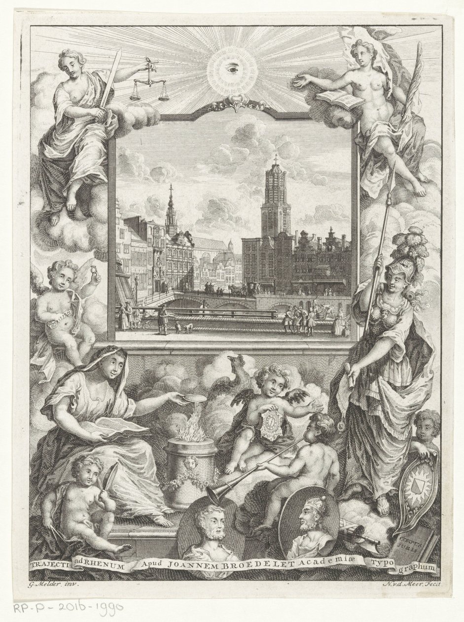 Stadsgezicht التقى Domkerk te Utrecht enlegorie التقى Utrechtse stedenmaagd Titelpagina voor: Elias de Vries، Dissertatio juridica، de jure naturale ac gentium، seu duobus primibus فقهيونتيبوس، 1745. بواسطة نواش فان دير مير (أنا)
