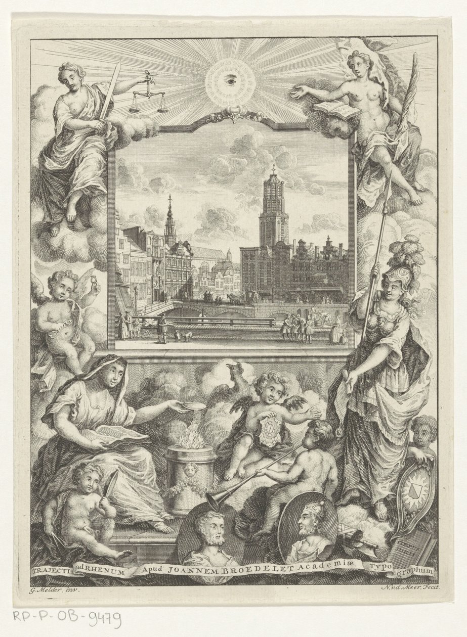 Stadsgezicht التقى Domkerk te Utrecht enlegorie التقى Utrechtse stedenmaagd Titelpagina voor: Elias de Vries، Dissertatio juridica، de jure naturale ac gentium، seu duobus primibus فقهيونتيبوس، 1745. بواسطة نواش فان دير مير (أنا)