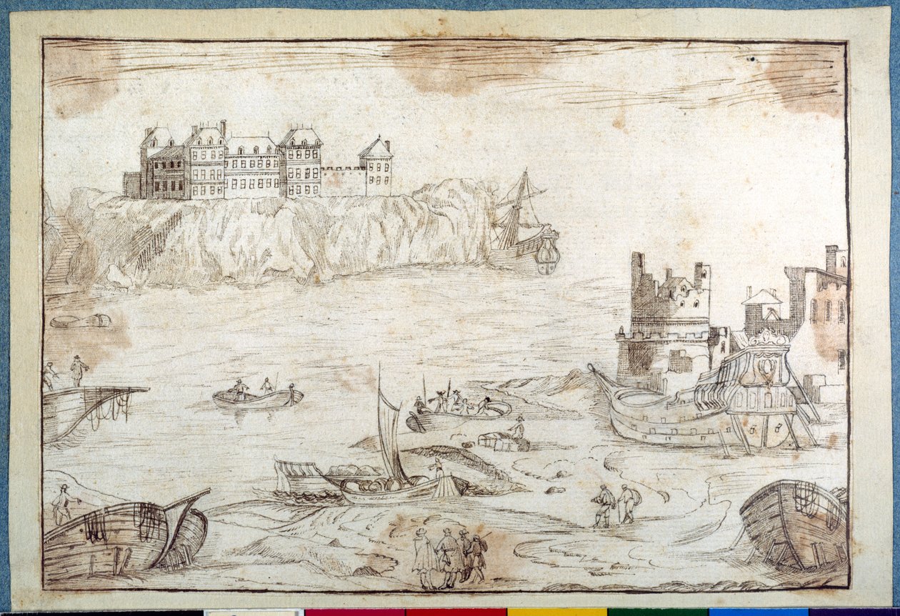 A castle surmounting cliffs, with studies of galleons and fishing boats (pen & brown ink on paper) بواسطة نويل جاسلين