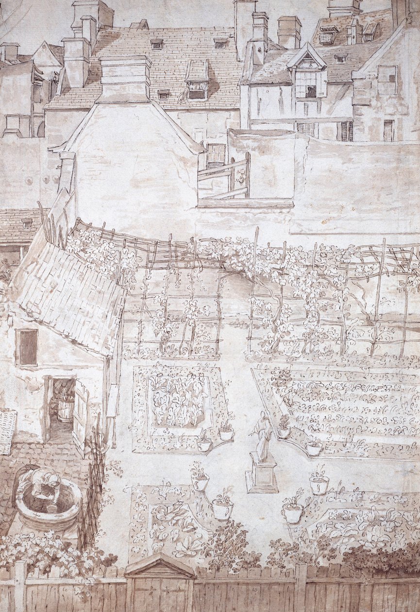A garden of a town house, with parterres and vine pergola, enclosed by buildings, c.1677 (pen & brown ink with brown wash) بواسطة نويل جاسلين