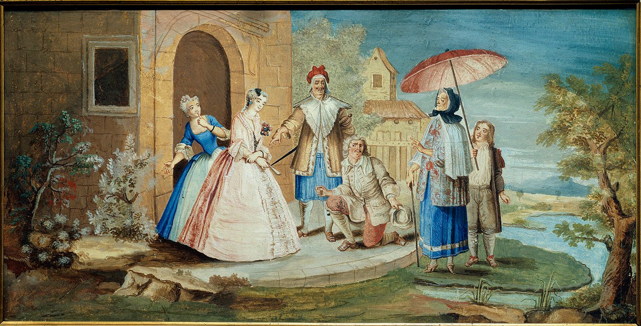 Comedian and playwright Jean Baptiste Poquelin dit Moliere (one knee to the ground) and his comedians in the piece Georges Dandin ou le mari confused””” in 1668. Christmas Painting Coypel (1628-1707) 1668 Collection Jacques Lorcey بواسطة نويل كويبيل
