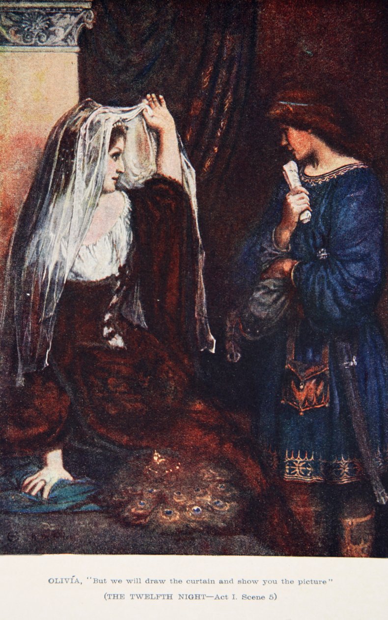 "لكننا سنرسم الستائر ونعرض لك الصورة" ، Twelfth Night ، Act I Scene 5 ، رسم توضيحي من "حكايات من شكسبير" لتشارلز وماري لامب بواسطة نورمان ميلز (بعد) السعر