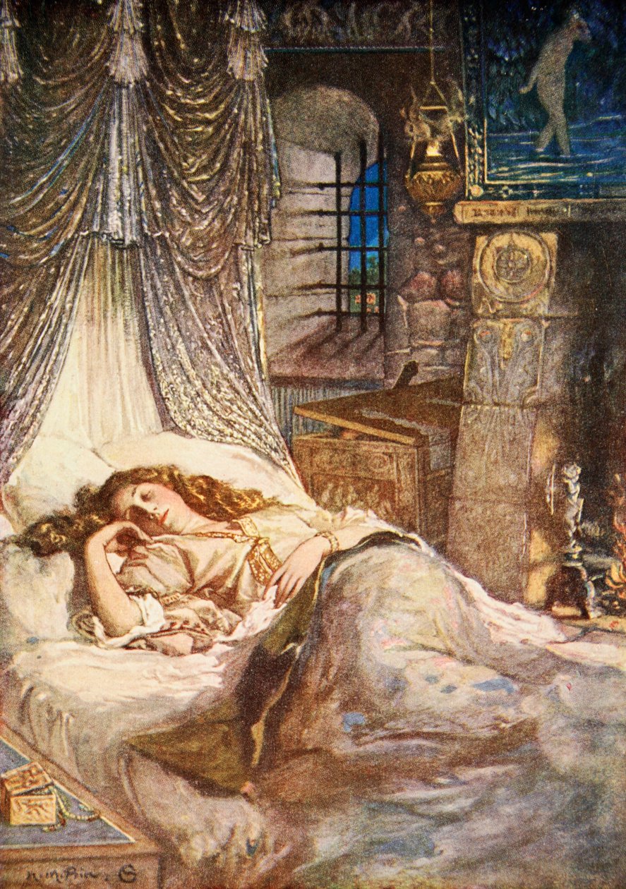 غرفة سرير Imogen ، Cymbeline ، الفصل الثاني المشهد 2 ، رسم توضيحي من "حكايات من شكسبير" لتشارلز وماري لامب بواسطة نورمان ميلز (بعد) السعر