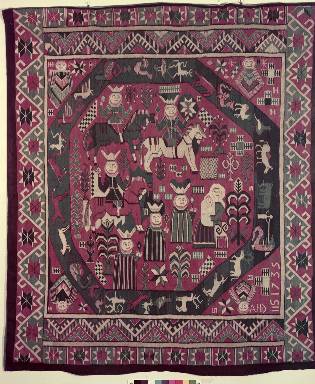 سجادة تصور فرسان ، أم مع طفلها وشخصيات أخرى مختلفة ، 1735 (صوف) بواسطة المدرسة النرويجية
