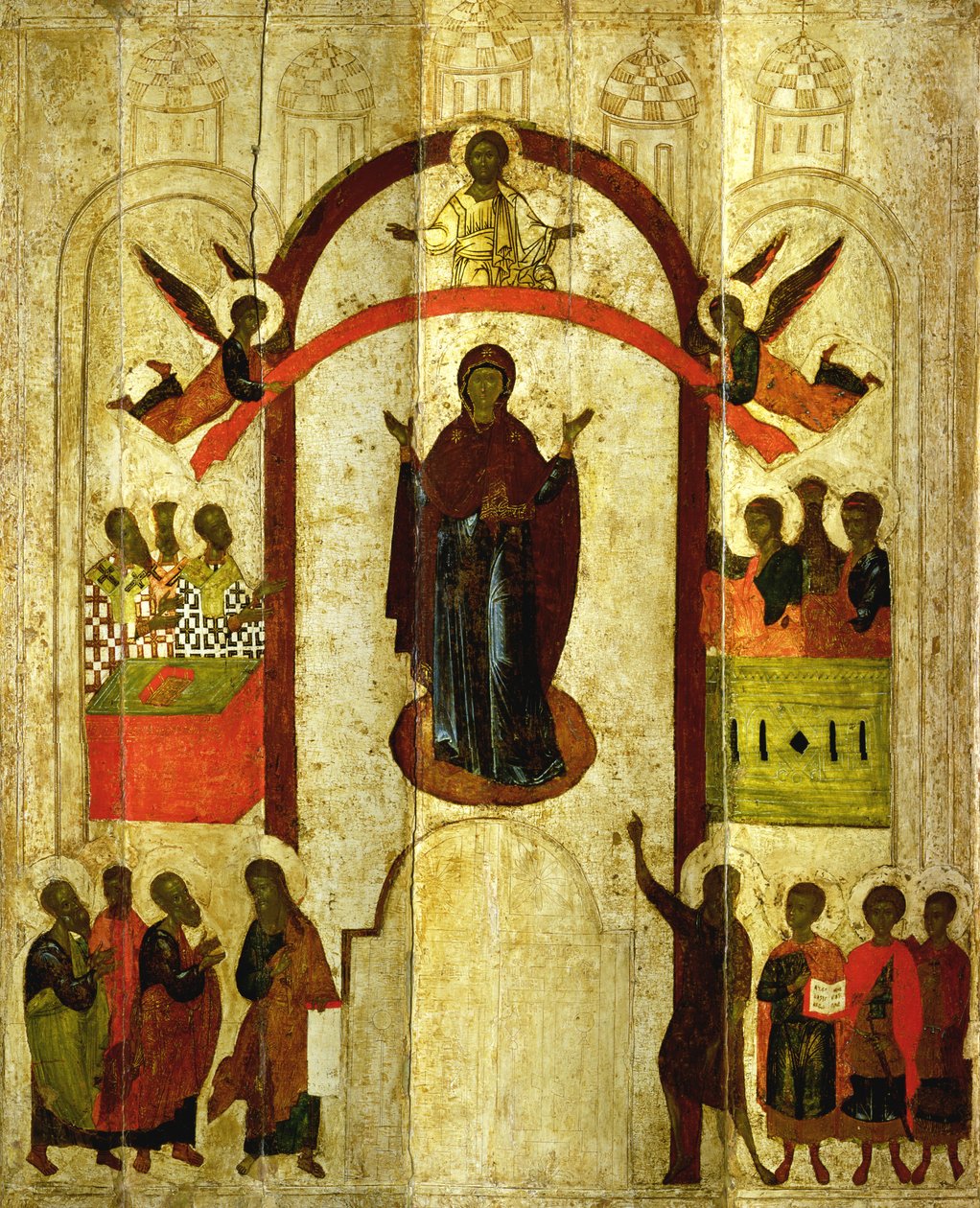 حماية Theotokos (أم الرب) أيقونة روسية من دير زفيرين ، 1399 (درجة الحرارة على اللوحة) بواسطة مدرسة نوفغورود