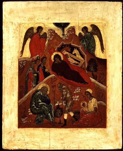 أيقونة الميلاد وعبادة المجوس وإغراء القديس يوسف حوالي 1500 (ورق من الذهب وتمبرا على لوح) بواسطة مدرسة نوفغورود