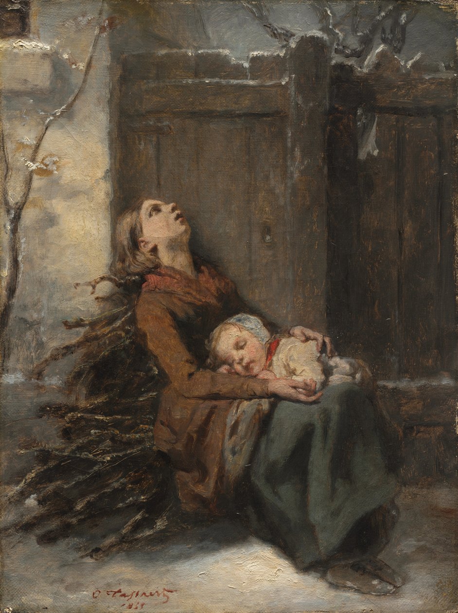أم ميتة معدمة تحمل طفلها النائم في الشتاء، حوالي عام 1850 (زيت على قماش) بواسطة أوكتاف تاسيرت