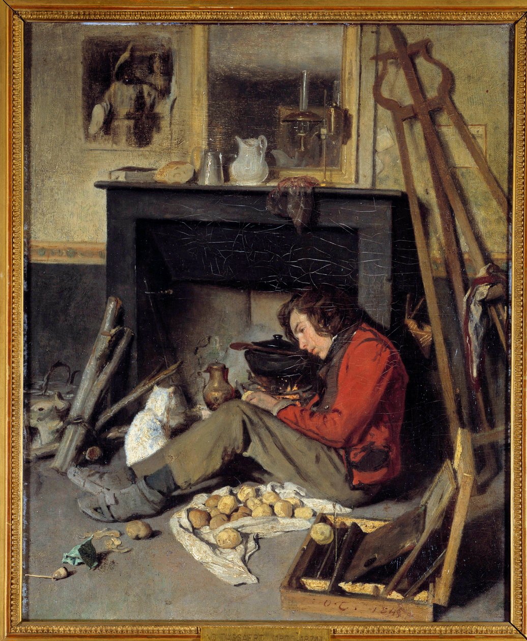داخل الورشة رسام بالقرب من المدفأة. رسم أوكتاف تاسايرت (1800-1874) 1845 صن. 0،46x0،38 م بواسطة أوكتاف تاسيرت