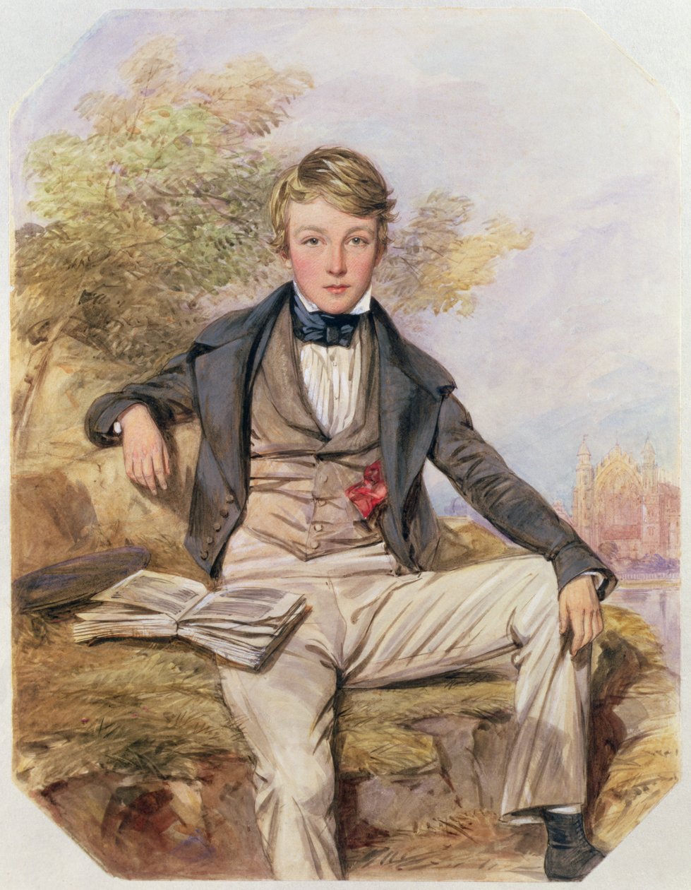 صورة لبنيامين جيبونز جالسًا ، مع منظر لإيتون كوليدج بيوند ، c.1838 (مرحاض على ورق) بواسطة أوكتافيوس أوكلي