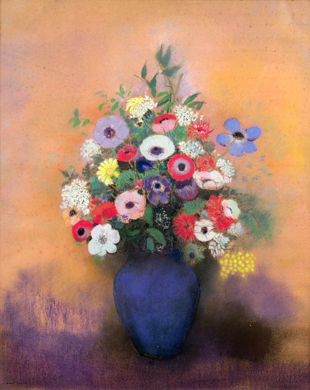 شقائق النعمان والأرجواني في مزهرية زرقاء ، بعد عام 1912 (باستيل) بواسطة Odilon Redon