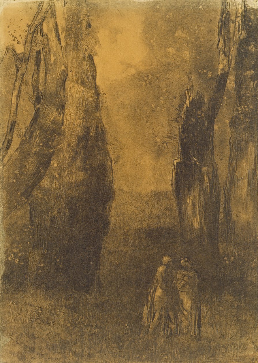 عشاق في منظر صخري (فحم) بواسطة Odilon Redon