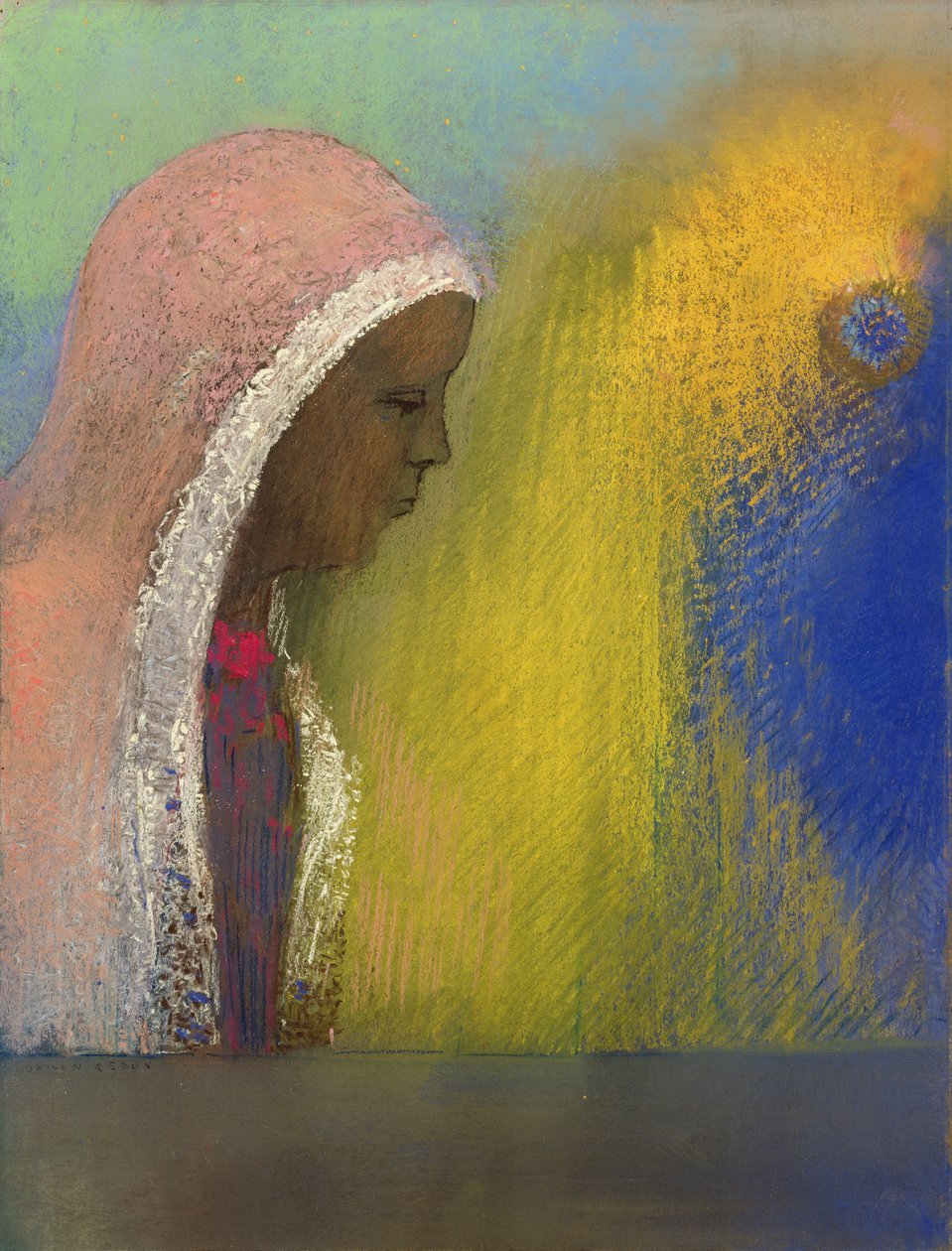 صورة لامرأة في حجاب وردي ، 1885 (باستيل على ورق) بواسطة Odilon Redon