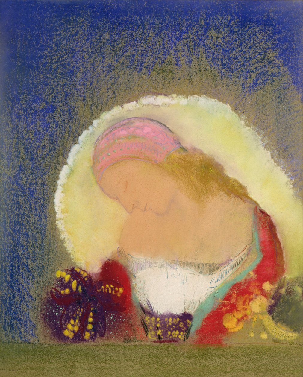 صورة لفتاة مع زهور ، c.1900 (باستيل على ورق) بواسطة Odilon Redon
