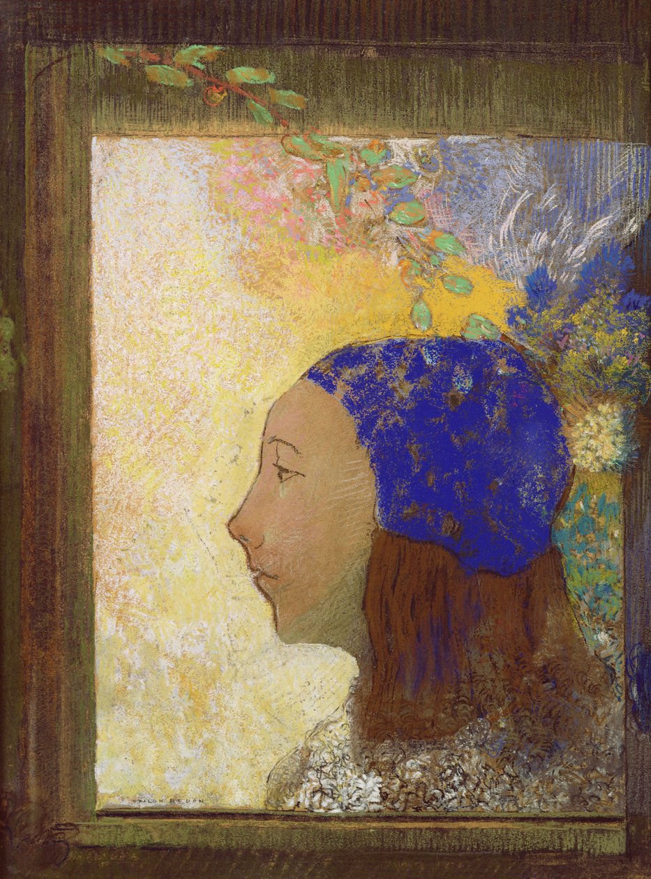 فتاة صغيرة في قلنسوة زرقاء بعد عام 1890 (باستيل على ورق) بواسطة Odilon Redon