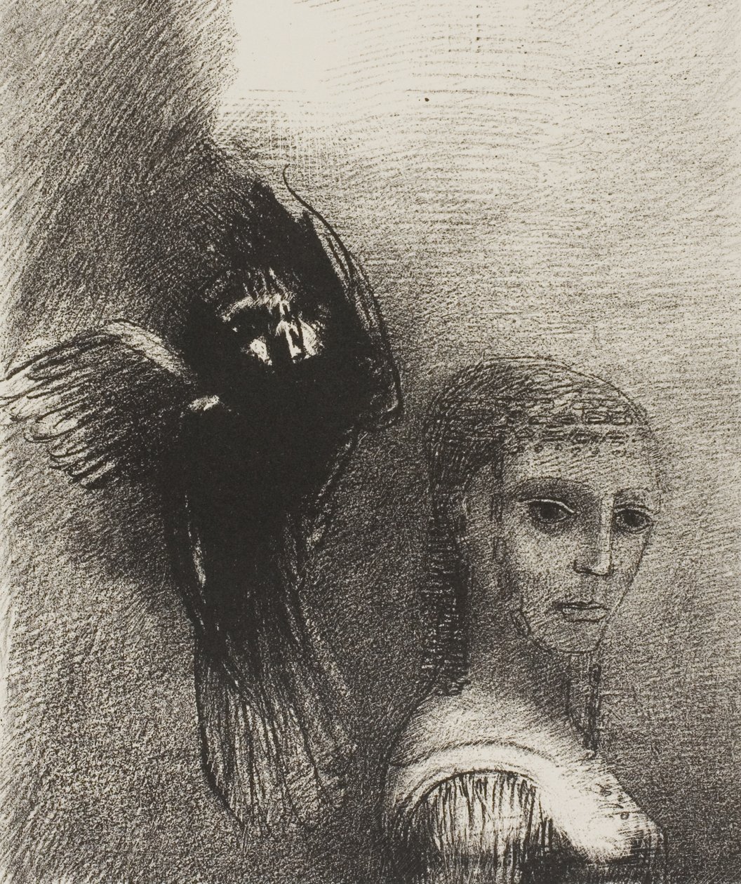 وطائر كبير ، ينزل من السماء ، يهرع نفسه في أعلى نقطة في شعرها ، اللوحة 3 من 10 بواسطة Odilon Redon