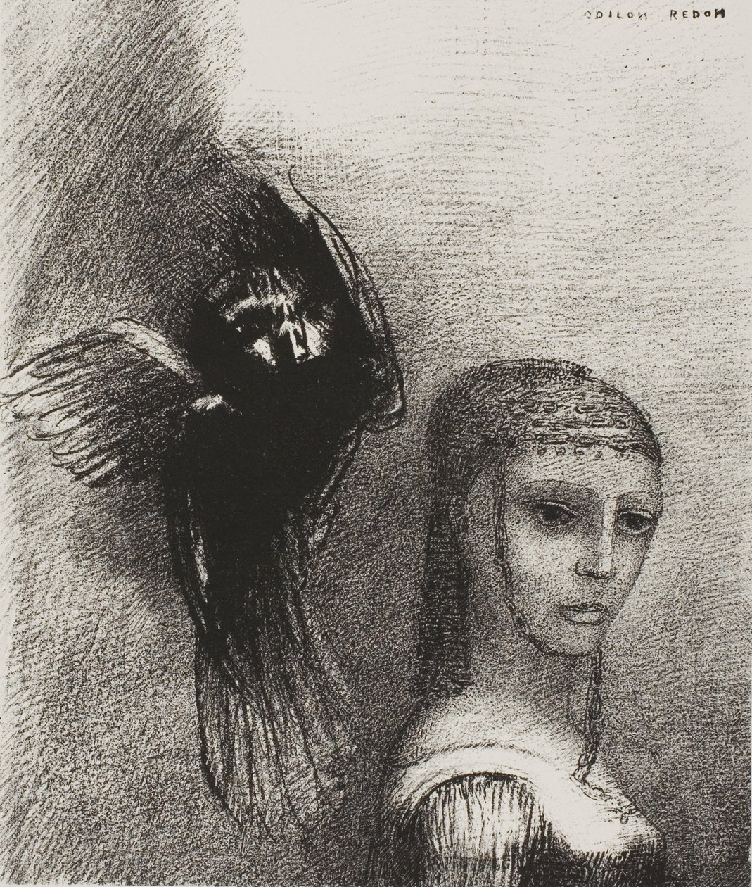 وطائر كبير ، ينزل من السماء ، يهرع نفسه في أعلى نقطة في شعرها ، اللوحة 3 من 10 بواسطة Odilon Redon