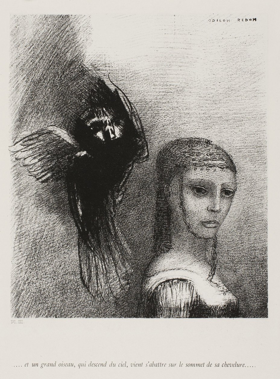 وعصفور كبير ، ينزل من السماء ، يلتف على قمة شعره ، اللوحة 3 من 10 ، 1888 بواسطة Odilon Redon