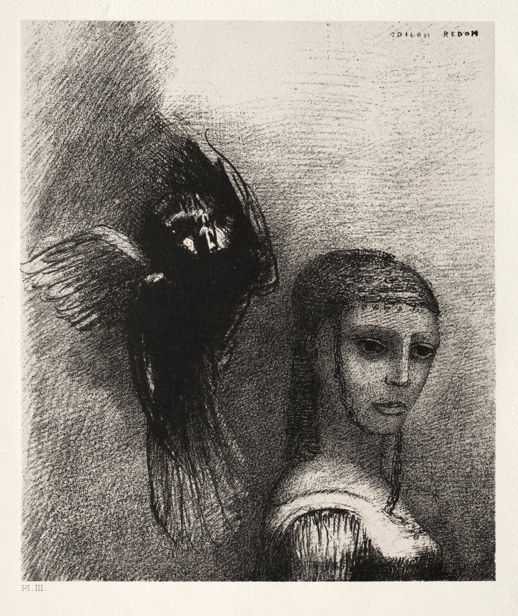 والطيور الكبير ، النازل من السماء ، يجعد بنفسه على أعلى نقطة في شعرها بواسطة Odilon Redon