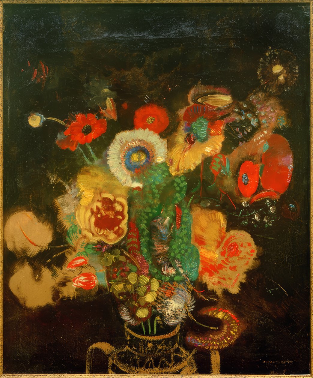 باقة زهور على خلفية سوداء بواسطة Odilon Redon