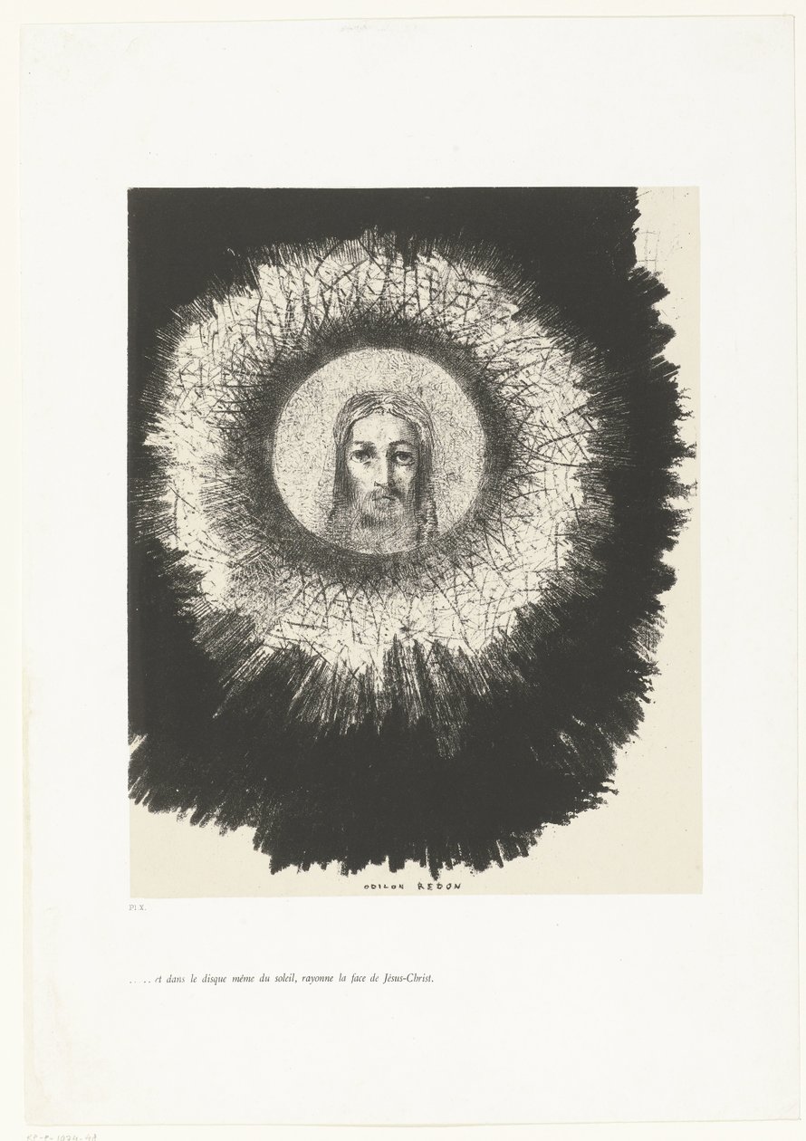 وفي قرص الشمس أشرق وجه المسيح ... et dans le disque même du solil، rayonne la face de Jésus-Christ (العنوان على الكائن) Tentation de Saint-Antoine (1) (عنوان السلسلة) إغراء القديس أنطونيوس (عنوان السلسلة) بواسطة Odilon Redon
