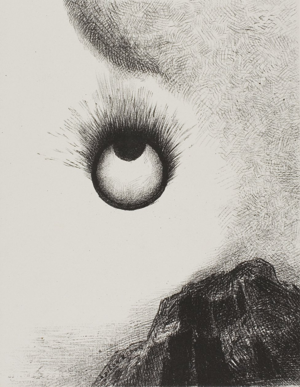 في كل مكان مقل العيون مشتعلة ، اللوحة 9 من The Temptation of Saint Anthony (السلسلة الأولى) بواسطة Odilon Redon