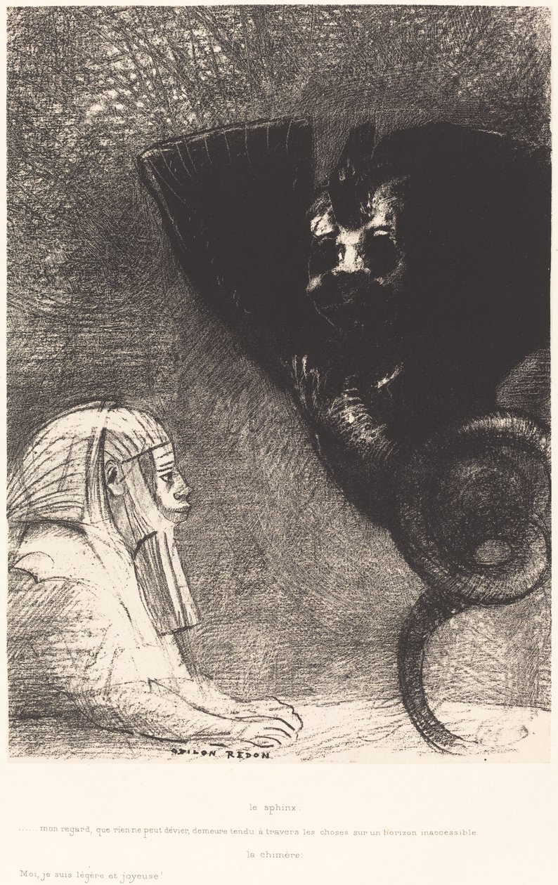 Sphynx ... نظراتي التي لا يمكن لأي شيء أن ينحرف عنها ، تظل متوترة من خلال الأشياء في أفق يتعذر الوصول إليه. La Chimere: Moi ، Je suis legere et joie (أبو الهول: "نظراتي التي لا يمكن أن ينحرف عنها شيء ، تمر عبر الأشياء وتبقى ثابتة على بواسطة Odilon Redon