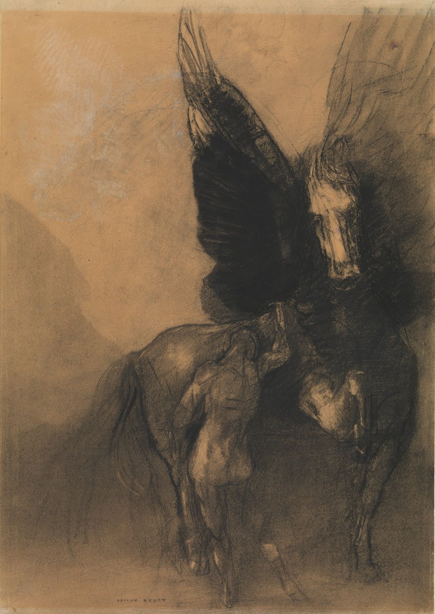 Pegasus and Bellerophon ، c.1888 (فحم ، غسيل مائي ، طباشير أبيض وقلم تلوين على ورق برتقالي جميل) بواسطة Odilon Redon